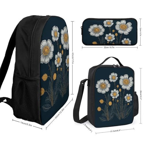 Three White Flowers-png Backpack Set Lightweight Bag Lunch Box Pencil Bags for Women Men Bookbags 3 in 12