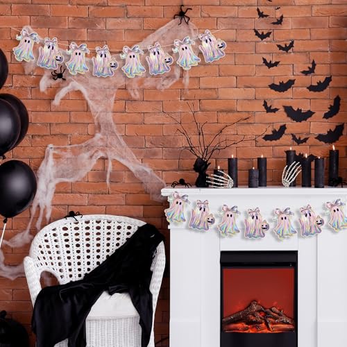 Image of Oudain 2 Pack Halloween Ghost Garland 6.56 ft Iridescent Ghost Decor Laser Cute Boo Holographic Paper Bow Hanging Banner for Halloween Party Decor Birthday Party Home Indoor Outdoor Mantel