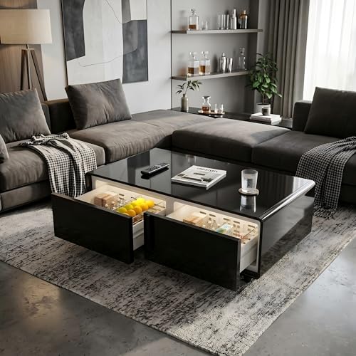 KEIKI Modern Coffee Table with Built-in Fridge 135L Cooling Coffee Table with Adjustable Temperature 3746F Living Room Center Table with Power Outlets Beverage Refrigerator Table Black