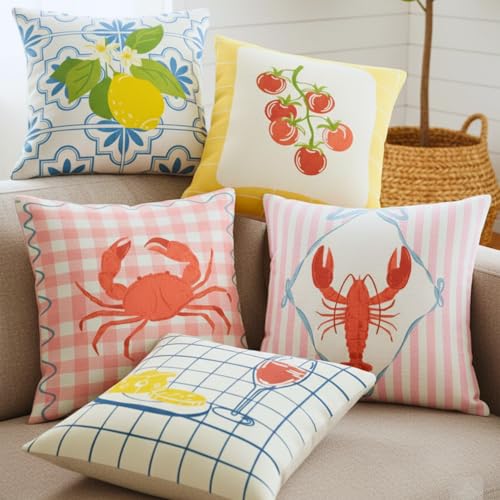 Image of Sleepy Threads Cushion Covers Set of 5 | 16 Inch X 16 Inch | Summer Seafood Print Cotton Blend Throw Pillow Cover | Multicolor Quirky Prints | Zipper Closure | Sofa Cushion Cover | Bedroom Home Decor
