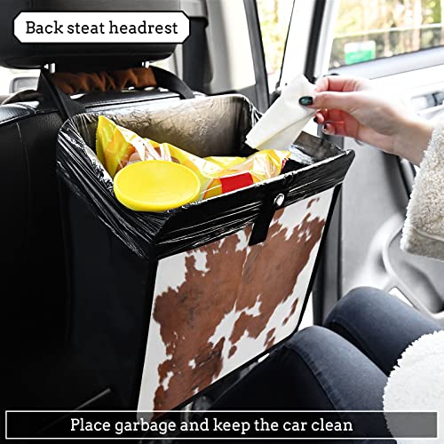 Image of Cow Print Car Trash Can White Brown Animal Skin Foldable Hanging Car Trash Bag Bin Auto Garbage Can Leak-Proof Car Organizer(Large)