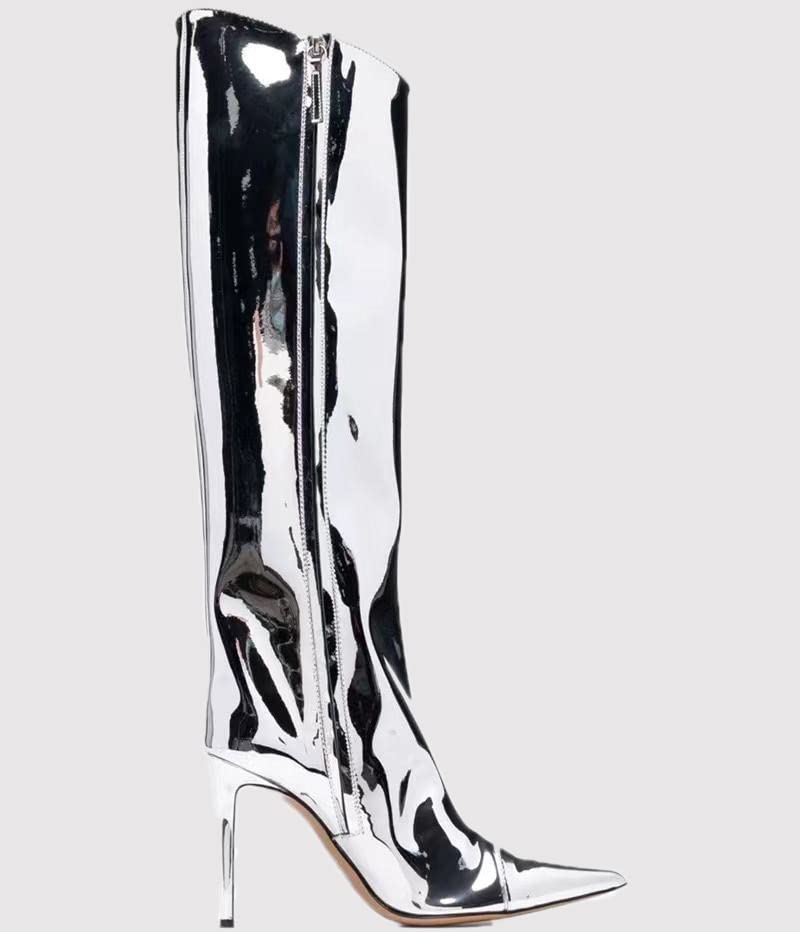 MissHeel Metallic Chrome Stiletto Knee High Fashion Boots with Side Zipper2