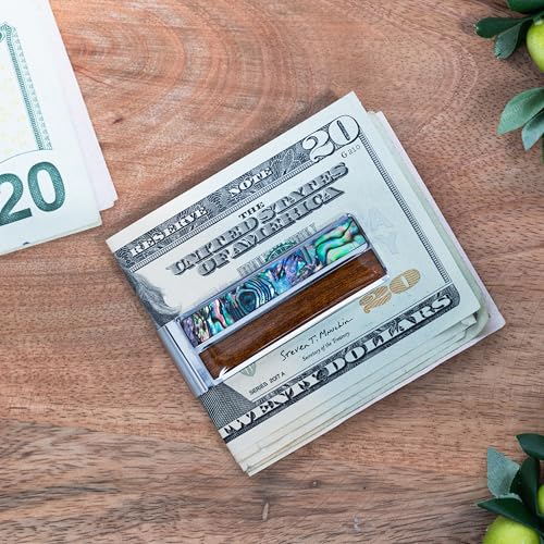 Premium Koa Wood Money Clip – Hawaiian Accessory Polished Stainless Steel, Sleek Minimalist Wallet Alternative for Men, Opal Turquoise Abalone2