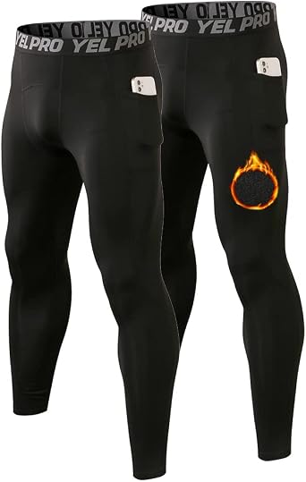 Mens Thermal Leggings Micro-Fleece Warm Compression Pants Running Sports Tights with Pockets Base Layer Bottoms