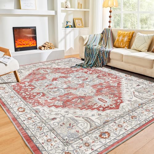 OPPODREAM 8x10 Area Rugs, Soft Area Rugs 8x10, Washable Carpet 8 x 10 with Non Slip Backing, Faux Cashmere Low-Pile 8 x 10 Carpet, Red & Grey