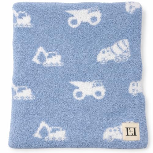 Image of L+L USA Construction Trucks Baby Blanket 28 inchx40 inch - DreamSoft Knit Throw for Crib, Stroller, Car Seat - Soft Newborn Nursery Gift Essential Toddler, Infant, Kids, Boys & Girls (Steel Blue /White)
