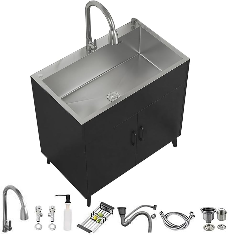 19.6-31.5In Laundry Sink with Pull-Down Faucet,Stainless Steel Utility Sink with Cabinet,Free Standing Utility Sink,Multi-Use for Laundry, Kitchen, Bathroom, Garage,Black,80 * 45 * 78cm