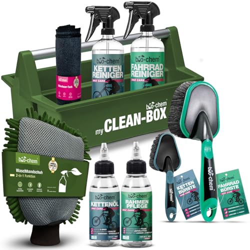 bio-chem Premium Fahrrad Reinigungsset 9-teilig für alle Fahrräder & E-Bikes | Effektive und schonende Pflegemittel: Fahrradreiniger, Kettenreiniger, Kettenöl, Rahmenpflege + hochwertiges Zubehör