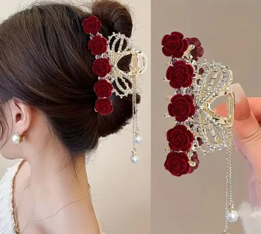 Red Rose Flower Hair Clip with Faux Pearl Tassels, Zinc Alloy Elegant Hair Accessory for Women, High-End Grip Back-Head Hairpin