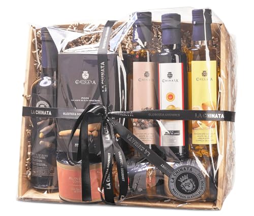La Chinata Cesta Gourmet Mediana Nº1 – Aceite de Oliva Virgen Extra, Vinagre de Jerez D.O., Aceites Condimentados, Cremas Gourmet (Boletus y Pimiento y Berenjena), Sal con Chilil y Picos – Pack Regalo
