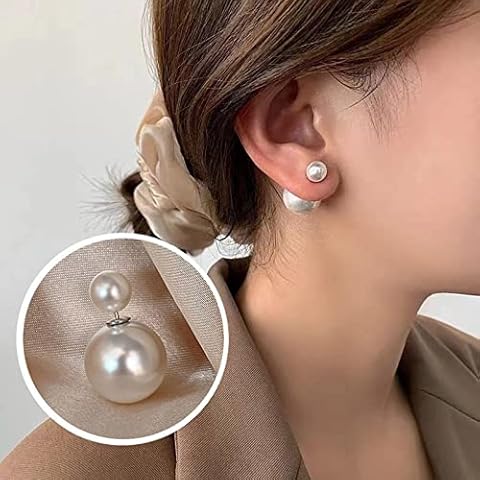 Aneneiceera Vintage Pearl Studs Earrings French Pearl Front and Back Earrings 70S Statement Pearl Ball Studs Earrings Prom Earrings for Women and Girls Cover