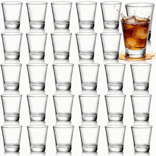 Tebery Paquete de 30 vasos de chupito redondos a granel con base pesada, tazas de tequila de 2 onzas, juego de vasos de chupito de whisky transparente para vodka, whisky, tequila, espresso, licor