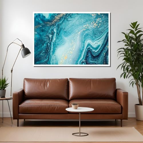 Tableau abstrait fluide thé turquoise et or 60x80cm