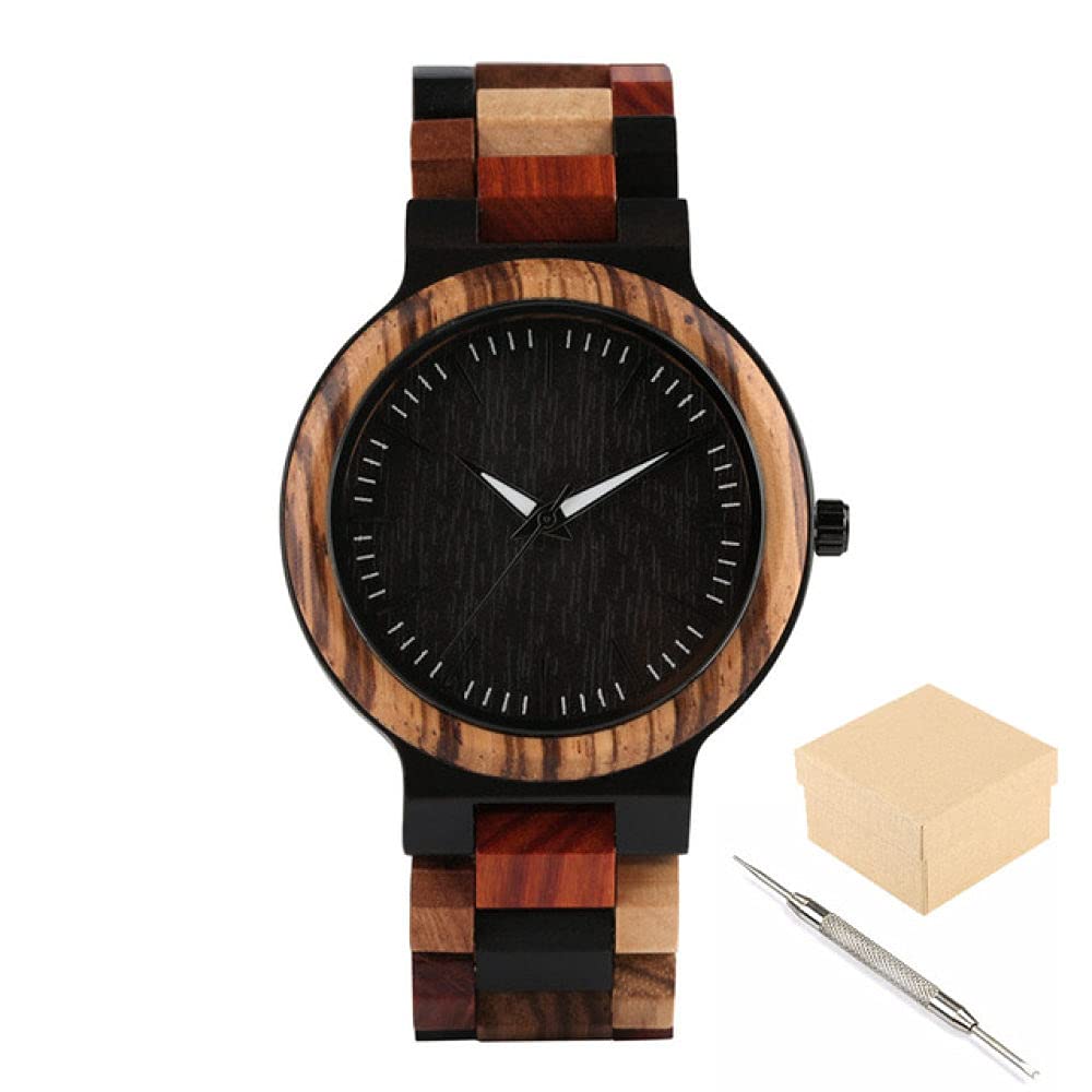 CAIDAI&YL Orologio da Uomo Casual in Legno con Fibbia Pieghevole, quadrante Rotondo Nero Minimalista, con Scatola