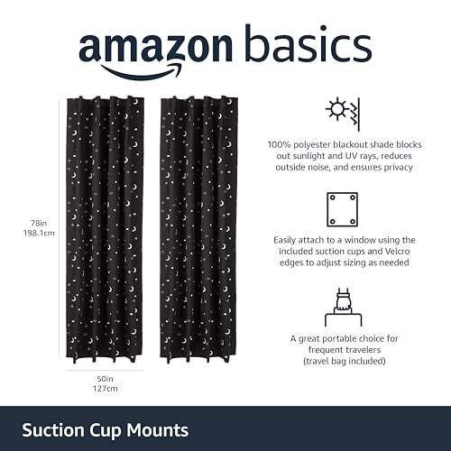 Image of Amazon Basics Portable Blackout Curtain Shade with Suction Cups for Window, Noise Reducing, Energy Saving, 50 inchW x 78 inchL, Moon and Stars, 2-Pack