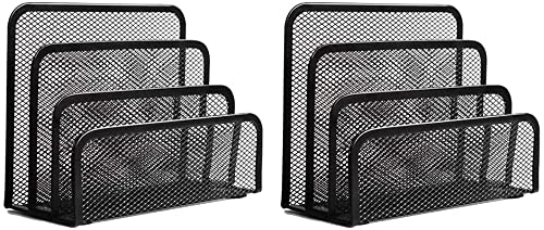 Folder Holder Desk, 2 Pack Mail Organizer Letter Holder for Desk Metal Mesh with 3 Vertical Upright Compartments