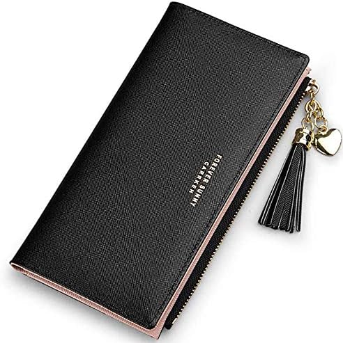Wallets for Women Leather Cell Phone Case Holster Bag Long Slim Credit Card Holder Cute Minimalist Coin Purse Thin Large Capacity Zip Clutch Handbag Wallet for Girls and Boys Ladies (Black)