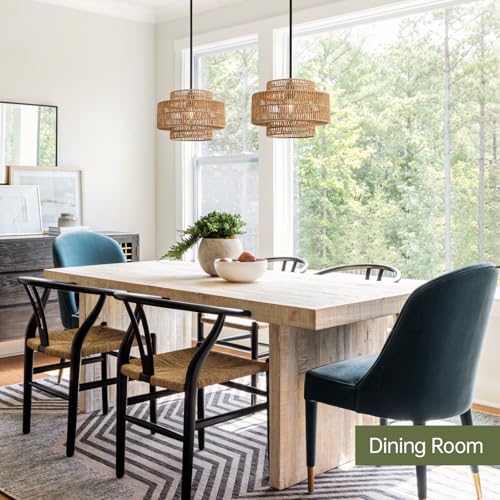 Image of 12.4 inch Boho Rattan Pendant Light Fixture for Dining Room, 1-Light Black Chandelier Farmhouse Rustic Hanging Lamp for Kitchen Island, Bedroom, Living Room, Entryway, Foyer, Hallway