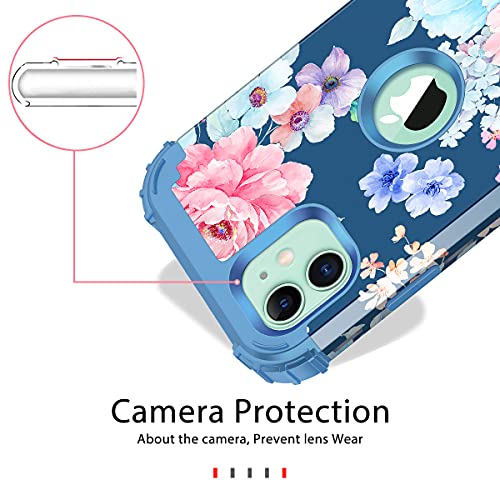 Rancase For Iphone 11 Case,Three Layer Heavy Duty Shockproof Protection Hard Plastic Bumper +Soft Silicone Rubber Protective Case For Apple Iphone 11 6.1 Inch,Navy Blue Flower #TOP6