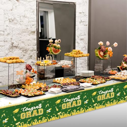 Image of chiazllta Set of 3 Graduation Tablecloths Class of 2026 Congrats Grad Green Graduation Party Tablecover Decorations Party Supplies Large Size Plastic 54 inchx108 inch(Green & Gold)