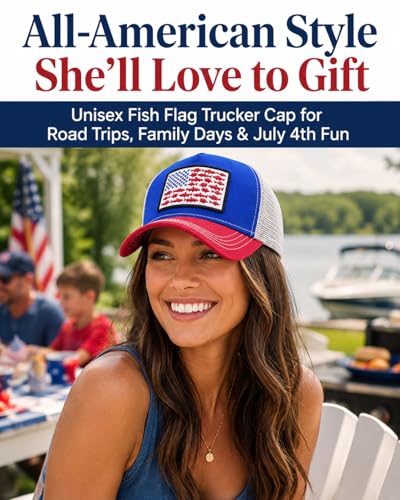 Image of American Fish Flag Trucker Hat, Snapback Mesh USA Flag Baseball Caps, Fishing Gifts for Men Women Fisherman