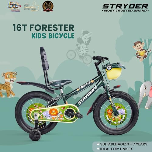 Image of Stryder Forester 16-Inch BMX Cycle for Kids | Sturdy Steel Frame | C-Brakes | Rigid Suspension | Nylon Tyres | Suitable for Ages 3-7 Years | Boys & Girls Kids Bicycle (Forest Green)