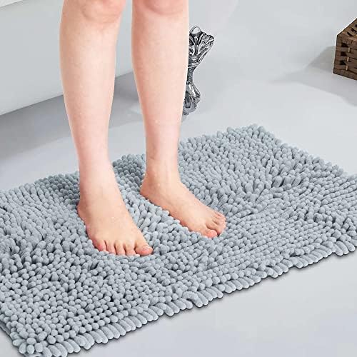 Amazon Brand - Umi Bath Mat 40x60, Chenille Non Slip Bath Mats for Bathroom, Absorbent Fluffy Bathroom Rug, Machine Washable Bathroom Mats for Shower, Tub and Floor,Light grey