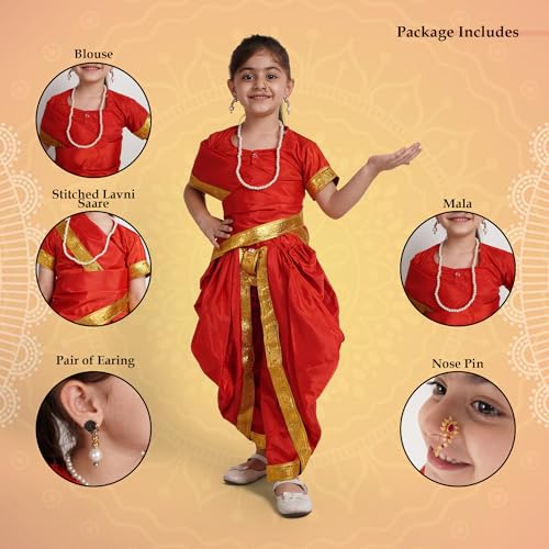 Image of Kaku Fancy Dresses Marathi Girl Lavni Folk Dance Costume with Jewellery for Kids - Red, 10-12 Years