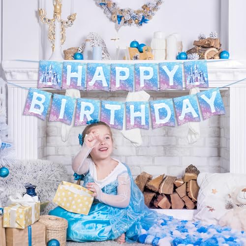 Image of Hooqict Frozen Happy Birthday Banner Birthday Party Decorations Snowflake Party Banner Garland Sign for Kids Girls Boys Winter Wonderland Decorations Christmas Holiday Frozen Themed Party Supplies