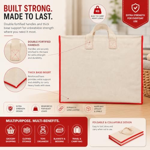 Image of SHIBUI Canvas Reinforced Cotton Handles with Multipurpose Clothes Storage Organizer & Grocery vegetable shopping and Covers Zip Bags.