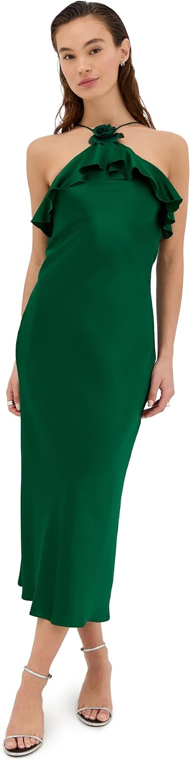 Rodarte Women's Silk Satin Bias Halter Slip Dress with Ruffle Detail and Silk Flower