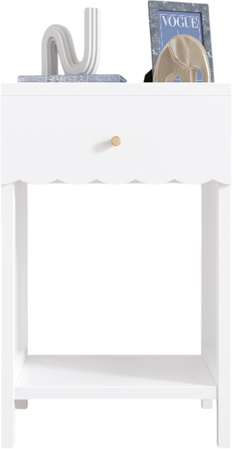 Kids Night Stand, Modern Nightstand with Drawer and Open Shelf, Scalloped Edge Small End Side Table for Living Room, Cute Minimalist Bedside Table for Kids Room or Girls' Room, White