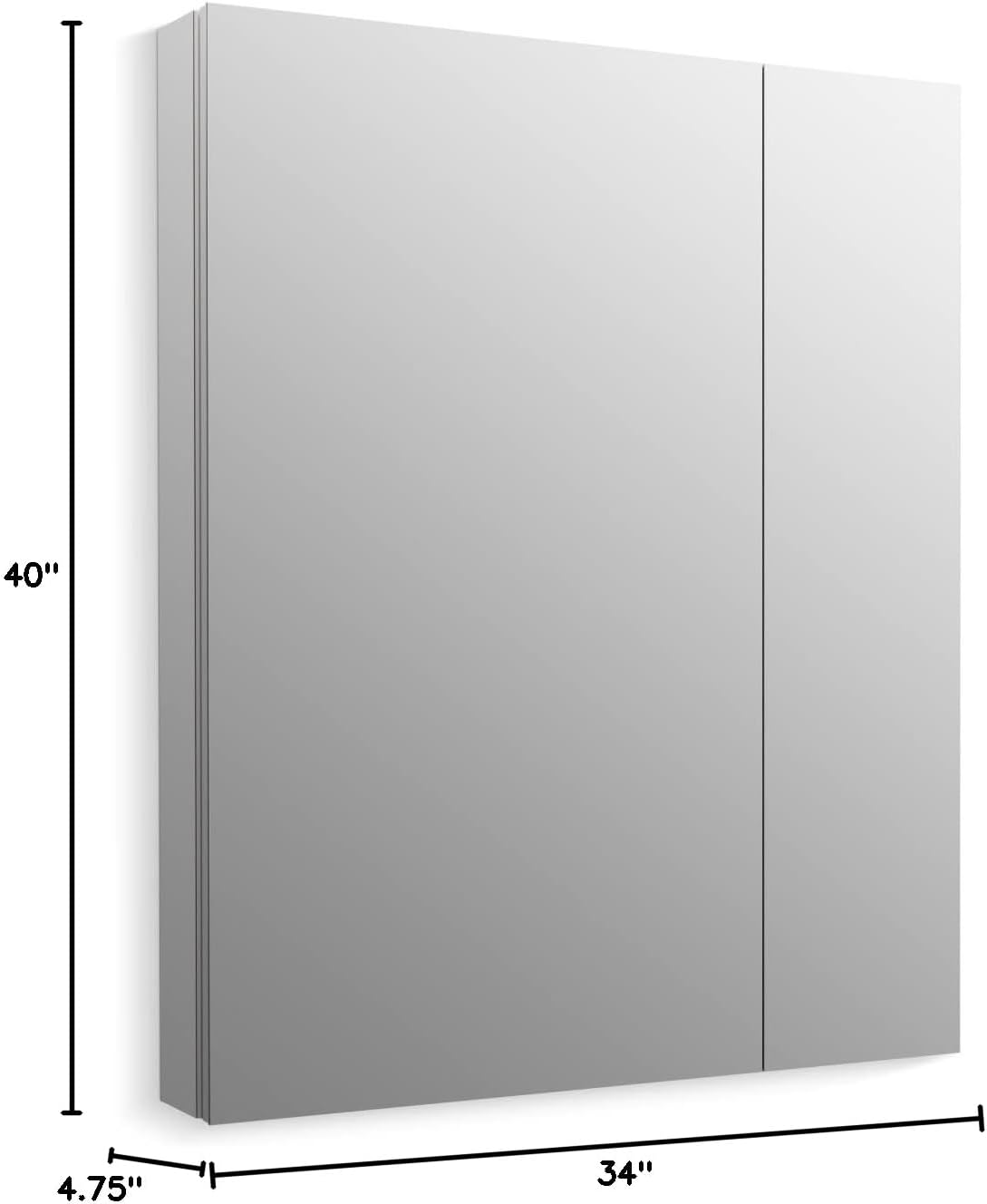 Diagram showing the dimensions of the KOHLER Verdera Medicine Cabinet: 40 inches high, 34 inches wide, and 4.75 inches deep.