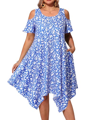 Image of Pinup Fashion Plus Size Summer Sundress Casual Flowy Cold Shoulder Dress