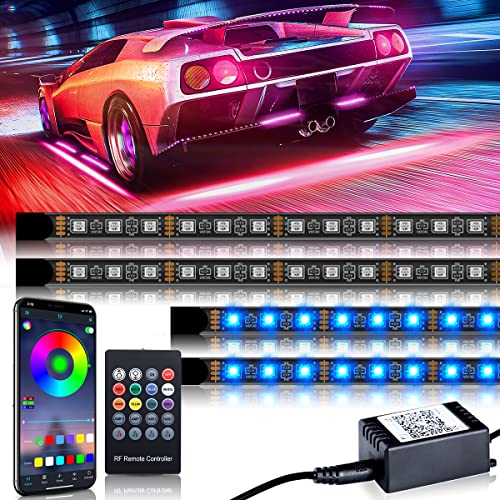 LedNenon Car Underglow Lights Kit Exterior 4PCS Underbody LED Strip Lights Underglow Lights for Cars APP and RF Wireless Remote Control 12V RGB 8 Color Multicolor Atmosphere Neon Accent Strip Lights