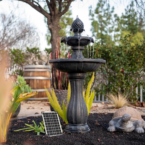 Image of XBrand 44 inch Solar Powered 2-Tier Outdoor Water Fountain, Fiberglass Resin Fountain with Solar Panel and Auto Shut-Off Pump, Black