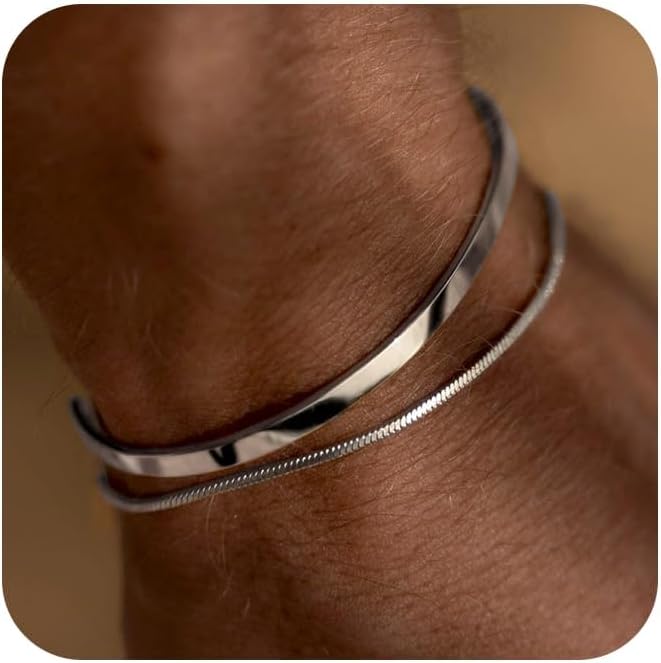 Bukela Stackable Bracelets for Men, Silver Figaro Bracelets, Cuban Link Chain Bangle Bracelet Set, Mens Jewelry, Men's Bracelet