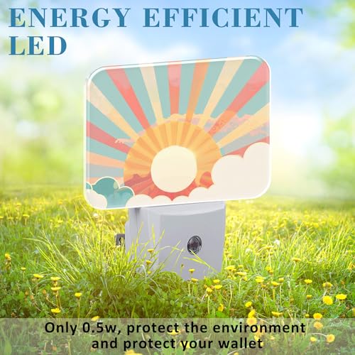 Image of Boho Pastel Sun Night Light Retro Sunrise Nightlight Plug into Wall with Dusk to Dawn Sensor for Kid Girls Boys Women Men Room, Hallway, Kitchen, Bathroom, Stairs Decor
