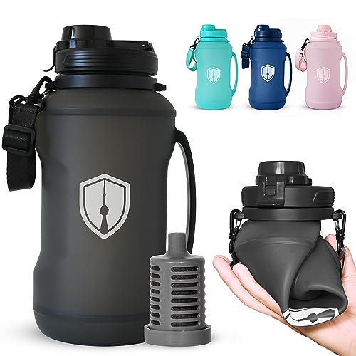 Collapsible Water Bottle for Traveling, Workout or Hiking 64oz Gen 2.0 - Motivational Water Bottle with Time Markings - Half Gallon / 2 L Capacity - BPA Free & Dishwasher Safe (Modern Black + Filter)