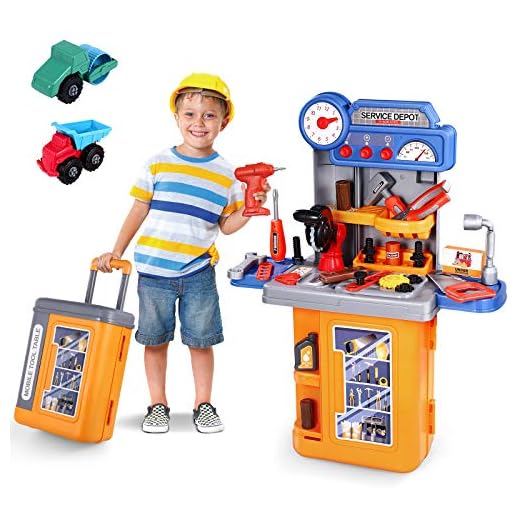 3 in 1 Kids Tool Bench - 64 cm High Pretend Play Transformable Workbench Toy Tool Set with Electric Drill, Construction Toy Vehicles & Travel Suitcase - Kids Tool Set for Toddlers Boys & Girls