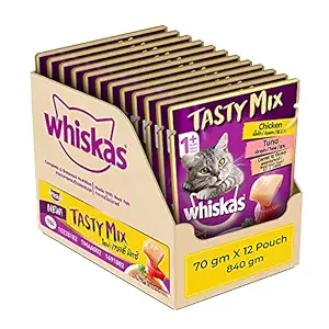 Whiskas Adult (1+ year) Tasty Mix Wet Cat Food Made With Real Fish, Chicken With Tuna And Carrot in Gravy - Pack of 12 (70g x 12)