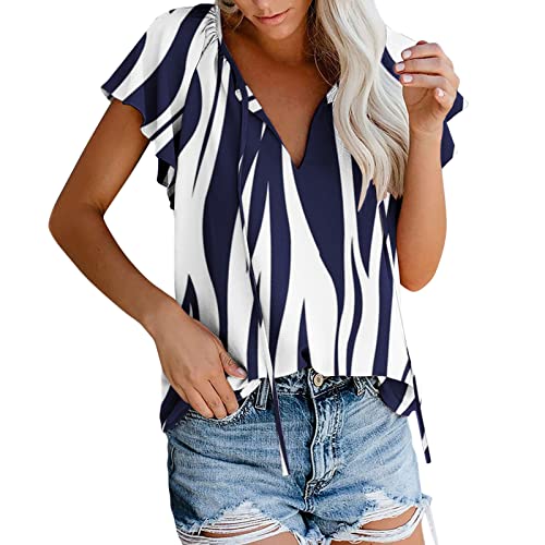 KAMEMIR Blusas femininas casuais com estampa floral e gola V e babados de manga curta para o verão,
