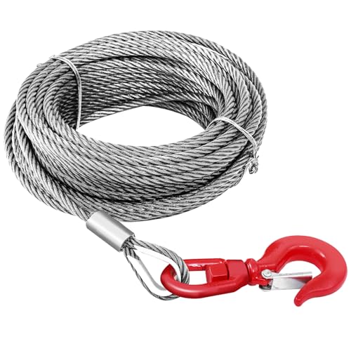 kuailebuy Steel Winch Cable,3/8" x 100' Wire Rope with Swivel Hook,17637 Lbs Breaking Strength,6x19 Strand Core Steel Towing Cable for Tow Truck,Crane,Wrecker