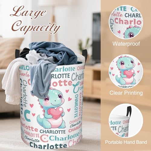 Image of Custom Name Laundry Hamper, Personalized Dinosaur Laundry Basket with Name for Laundry Room Dorm Bedroom, Customized Name Dirty Clothes Hamper with Handles for Clothes Toy Boys Girls Men Women