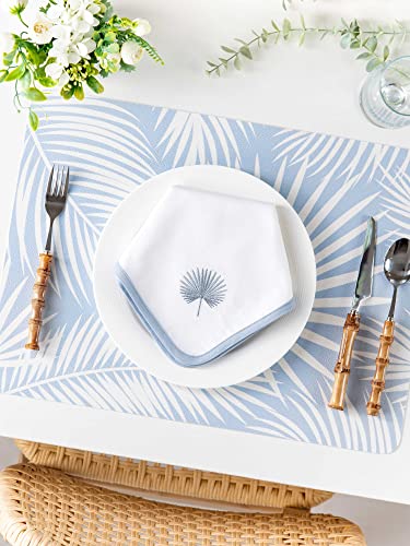 Hofdeco Premium Coastal Placemats Set Of 4, 14"X19" Waterproof Oil-Resistant Vegan Leather Place Mats For Dining Table, Baby Blue Palm Leaves #TOP3