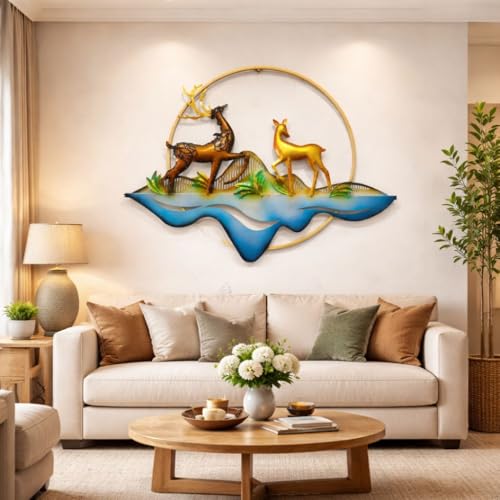Image of SHREE 'O' GREEN TECH - Iron Big Handcrafted Metal Golden Deer Wall Art Leaf Frame Multicolor Decor for Home, Living Room, Drawing Room & Bedroom Decor (Size 34x25 Inch)