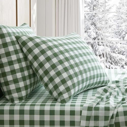 Image of Martha Stewart - Twin Size Sheets Set, Crisp & Tailored Sheets w /a Naturally Smooth Cotton Percale Lightweight Feel - Bed Sheets w /Matching Pillowcase (Madison Gingham Green)