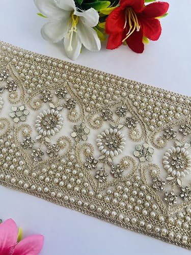 Encaje de lujo con perlas y diamantes oro pálido de 5.25 pulgadas para alta costura 2