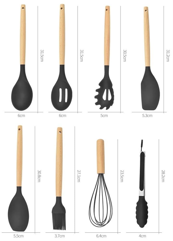 Set di utensili da cucina antiaderenti in silicone, 12 pezzi, spatola, pala, frusta per uova, manico in legno, set di utensili da cucina (nero, 12 pezzi)