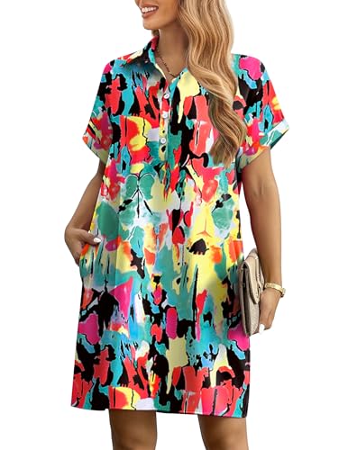 Image of HOTOUCH Womens Summer Shirt Dress 2026 Short Sleeve Floral Shift Dress Casual Loose Flowy Beach Sundress with Pockets